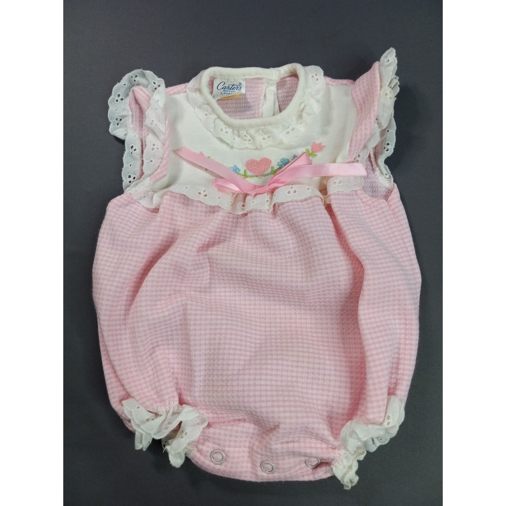 Vtg 80's Carters Pink Gingham Eyelet Lace Romper Sunsuit 6 Months Made in USA‎